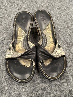 Born Black Leather Slide Mules with Beige Floral Inlay